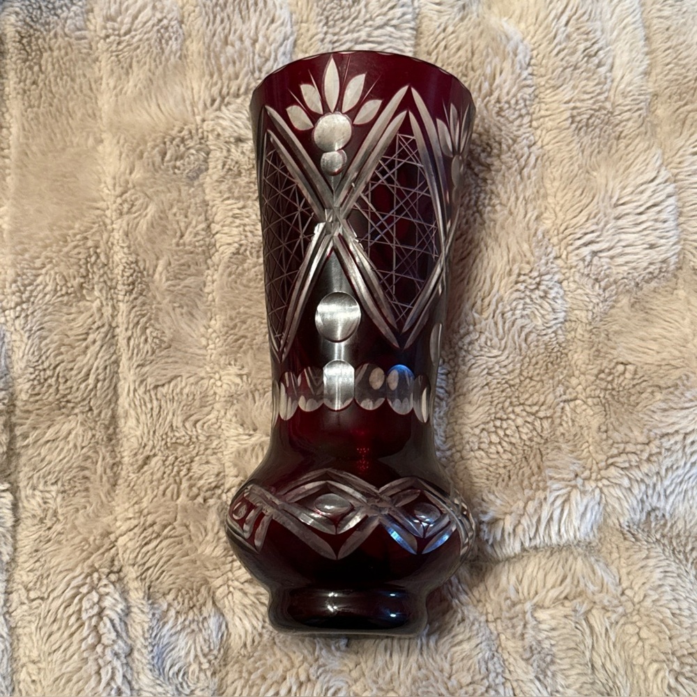 Vintage Heirloom Czech Bohemian Crystal Cut to Clear Vase Deep Cranberry